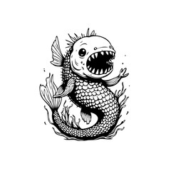 An illustration of a cartoonish sea monster showing teeth with aquatic plant black drawing character