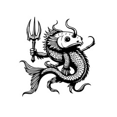 Mystical sea creature illustration: Fish-dragon hybrid with trident embodying fantasy themes and mythology in monochrome style artwork