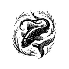 Elegant monochrome koi fish illustration amidst graceful seaweed branches creating a serene artistic representation for zen concept