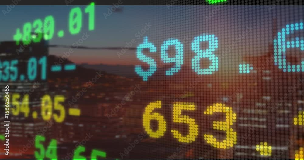 Poster led-style overlay appearing dusk city skyline, numbers scrolling and flipping for updating currency