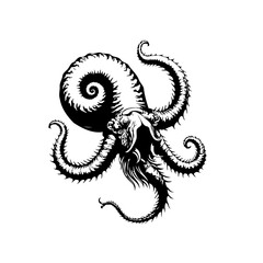Intricate black and white octopus illustration with swirling tentacles creating a captivating marine aesthetic design