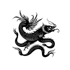 Vintage mythological creature drawing depicting a serpentine dragon with elaborate fins and whiskers vector illustration