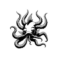Black and white artistic illustration of a fish with octopus tentacles creating a hybrid creature