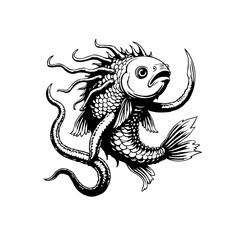 Monochrome illustration of fantasy fish creature with tentacles and scales showing mysterious underwater life art design drawing in detail