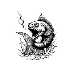 Detailed illustration of an aggressive fish emerging from the water showing its open jaws full of teeth