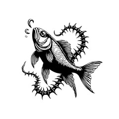 Stylized vintage black and white fish illustration showcasing intricate details in marine animal vector artwork drawing