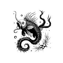 Mystical black and white koi fish design featuring intricate scale patterns and surreal plant accents illustration