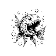 A whimsical illustration of a quirky fish character with exaggerated features and bubbles surrounding it for a playful under water sea theme