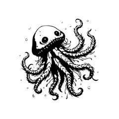 Stylized black and white jellyfish illustration with intricate details creates whimsical underwater scene perfect for creative projects