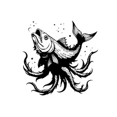 Dramatic monochrome image of a fish transformed into an octopus creature in the deep sea world