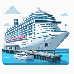 Obraz premium Digitally rendered image depicts a large, modern cruise ship at a calm harbor, with a smaller passenger vessel alongside the dock. The scene portrays a relaxed and peaceful travel experience.