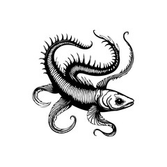 Intricate anatomical illustration of a skeletal fish with ornate fins and a curled tail in black and white