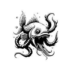 Illustrative depiction of a menacing sea creature amalgamating fish and octopus attributes creating a striking visual