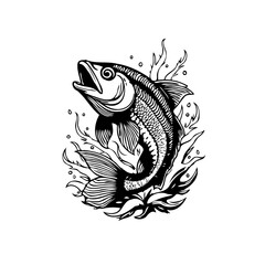 Detailed illustration of a fish jumping out of water with splash effect ink drawing design artwork