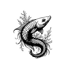 Intricate fish illustration art with seaweed aquatic wildlife black and white art graphic