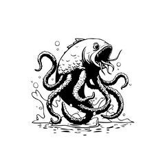 Mystical amalgamation of marine life illustration showcasing a bizarre fish octopus creature on water in a black and white drawing