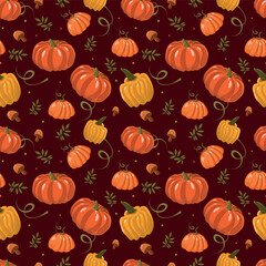 Ripe pumpkins. Fabric pattern. Autumn warm illustration, autumn, harvest, colorful leaves.