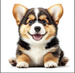 Cute Pembroke Welsh Corgi puppy sits looks at camera. isolated on white background , isolated on white background,  , copy space, copy space for text,