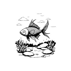A simple black and white drawing of a fish jumping out of the water artistic expression creative representation