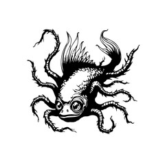Intricate black and white illustration of a surreal fish creature with tentacles and fins fantasy art