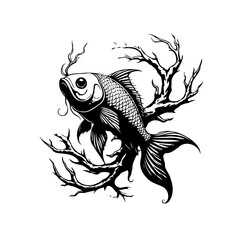 Monochrome fish illustration swimming amongst bare branches creating a captivating and artistic nature scene enhanced with contrast