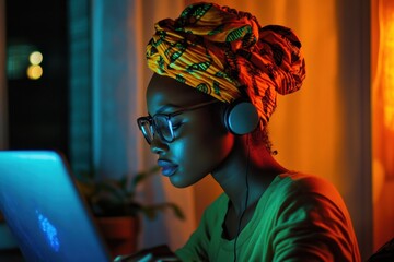African woman enjoying music while texting on her laptop in a cozy indoor space at night, Funny african woman listening music and texting on laptop at home in the evening