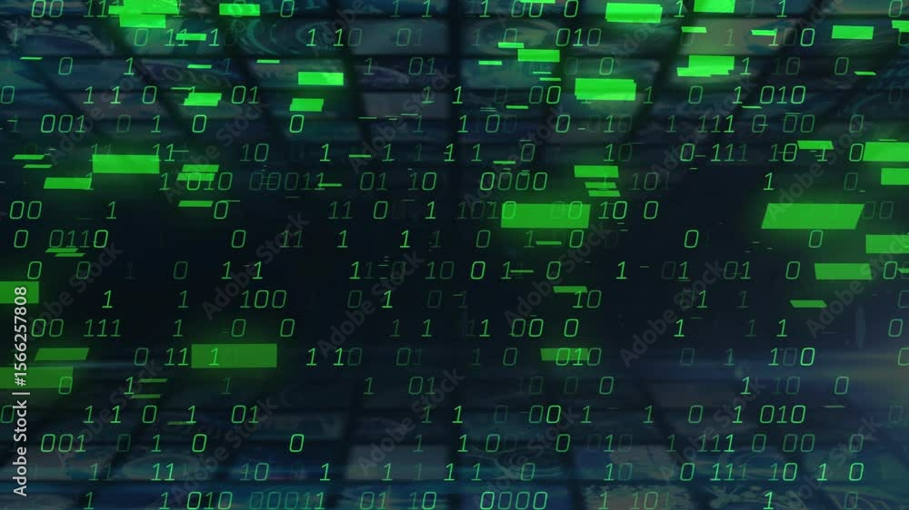 Poster on start, binary digits appearing, drifting downward as green bars pulsing, visualizing data stream