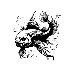 Detailed black and white illustration of a fish with artistic fins and scales on a white backdrop