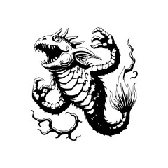 Detailed depiction of a mythical dragon creature in black and white ink artwork illustration