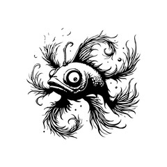 Whimsical deep sea anglerfish cartoon illustration with exaggerated features in black and white artwork perfect for designs