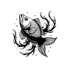 Elegant monochrome fish drawing showing detailed scales fins and abstract algae shapes creating fluid composition illustration