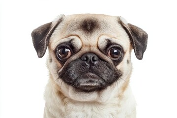 Cute pet dog pug breed sitting and smile with happiness feeling so funny and making serious face