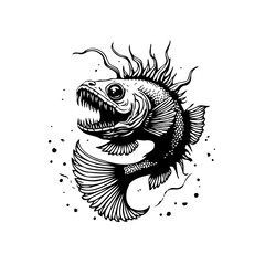 An illustration of a deep-sea anglerfish with sharp teeth and bioluminescent lure showcases underwater darkness and mystery