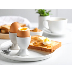 Fototapeta premium Classic Asian breakfast featuring soft-boiled eggs and toasted bread with butter and kaya spread 
