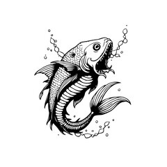 Detailed line art illustration of an aggressive fish with open mouth surrounded by bubbles creating an aesthetic underwater scene