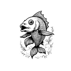 Fototapeta premium Detailed black and white illustration depicting a goldfish surrounded by decorative floral elements artfully drawn, simple