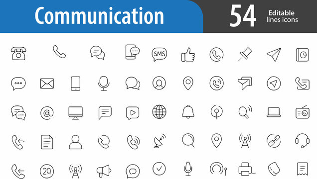 Communication Line Icons, Chat Bubble, Email, Phone Call, Notification Bell, Speech Bubble, Editable Formats: AI, EPS, PNG, JPG, Ideal for Both Digital and Print Use
