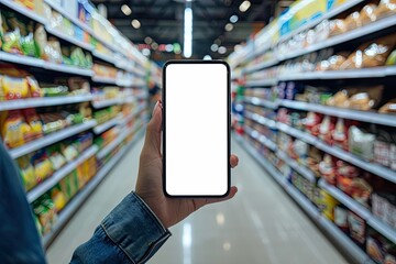 Close Up of Female Hand Holding Smartphone with White Screen Mockup in Supermarket Interior