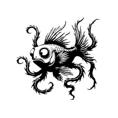 Monochromatic depiction of a fantastical fish creature with tentacles symbolizing marine life exploration and unknown depths