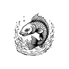 Elegant line art illustration of a jumping fish with detailed scales and splashing water imagery