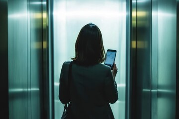 Businesswoman using smartphone in elevator during her commute, businesswoman with a smartphone going down in an elevator with a glass wall