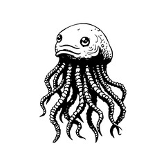 Mysterious jellyfish illustration featuring many tentacles creates an atmospheric surreal marine creature concept art drawing