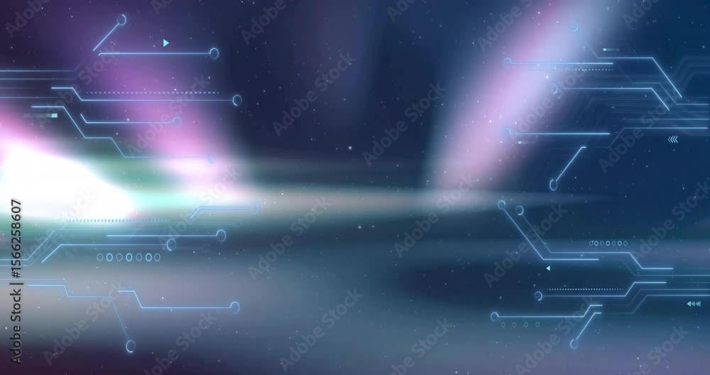 Poster star field starting three beams rising from plane, hud overlays animating and visualizing data flow