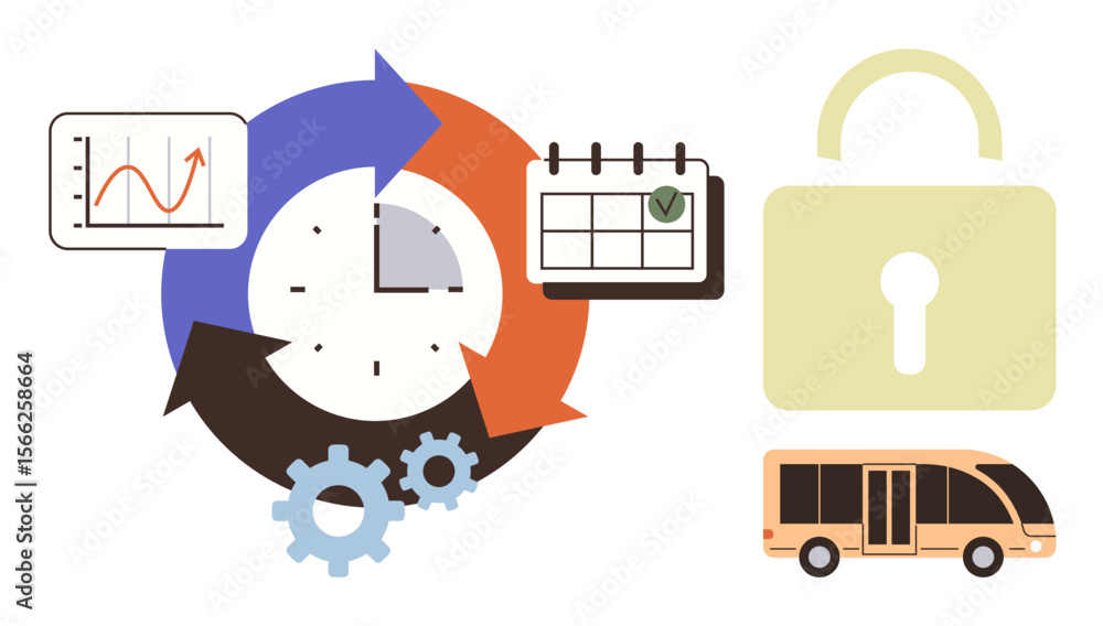 Poster clock with arrows, chart, calendar, padlock, gears, and bus emphasize time management, scheduling, s
