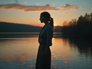Fototapeta premium Silhouette of a woman contemplating sunset over a lake.