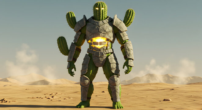 Robotic soldier walking in desert terrain with mechanical limbs and futuristic armor design - Powered by Adobe