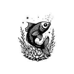 Elegant monochrome illustration featuring a fish swimming above aquatic plants creating a captivating black and white artwork