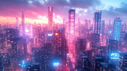 Futuristic Aerial View of Cyberpunk Cityscape with Neon Illumination and Dense Urban Sprawl