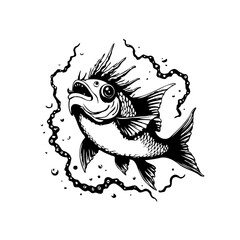 Detailed drawing of a fish with spiky fins and an open mouth in black and white art style