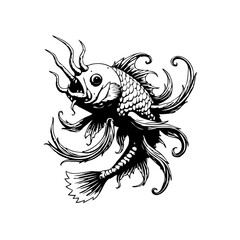 Intricate black and white sketch of a unique aquatic creature in detailed illustration style featuring scales